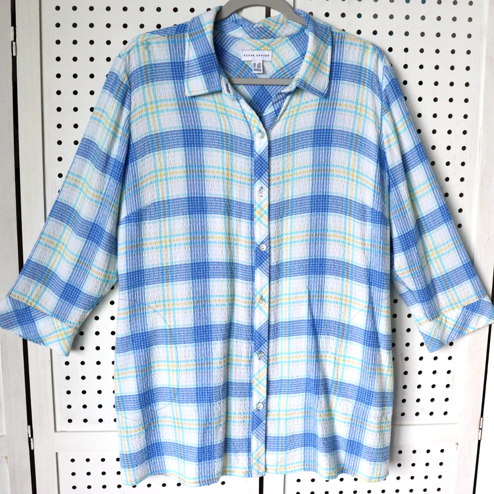 SUSAN GRAVER Womens SIZE LP Blue Plaid Button Front Shirt Top w/ Side Pockets
